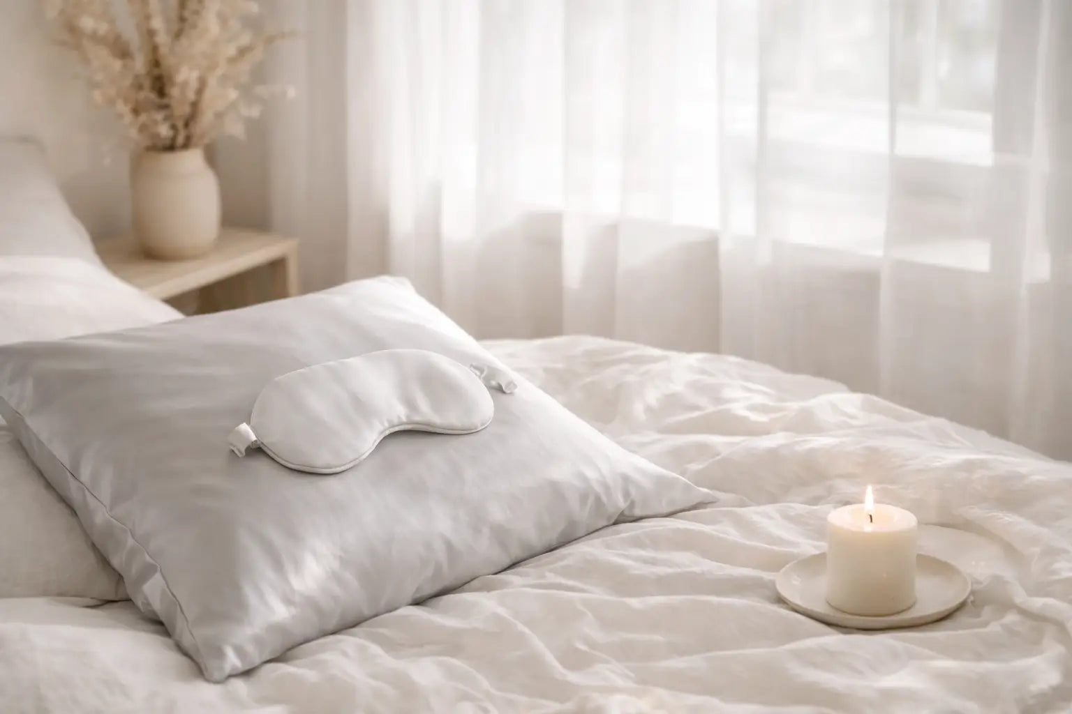 Sleep mask on a pillow with a candle on a nightstand in a bedroom setting