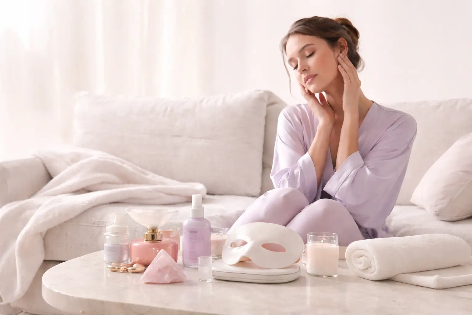Aloirae wellness essentials in a soft feminine lifestyle setting